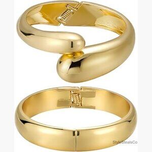 18K Gold-Plated Cuff Bracelet Set, Teardrop Hinged Chunky Bangle Stack